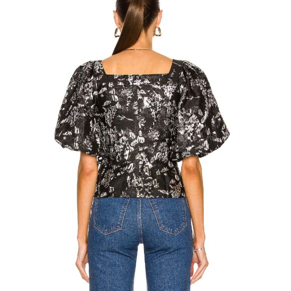 Jonathan Simkhai Women's Size 2 Black Metallic Taylor Wrap Top Puff Sleeve NWT - Picture 2 of 13